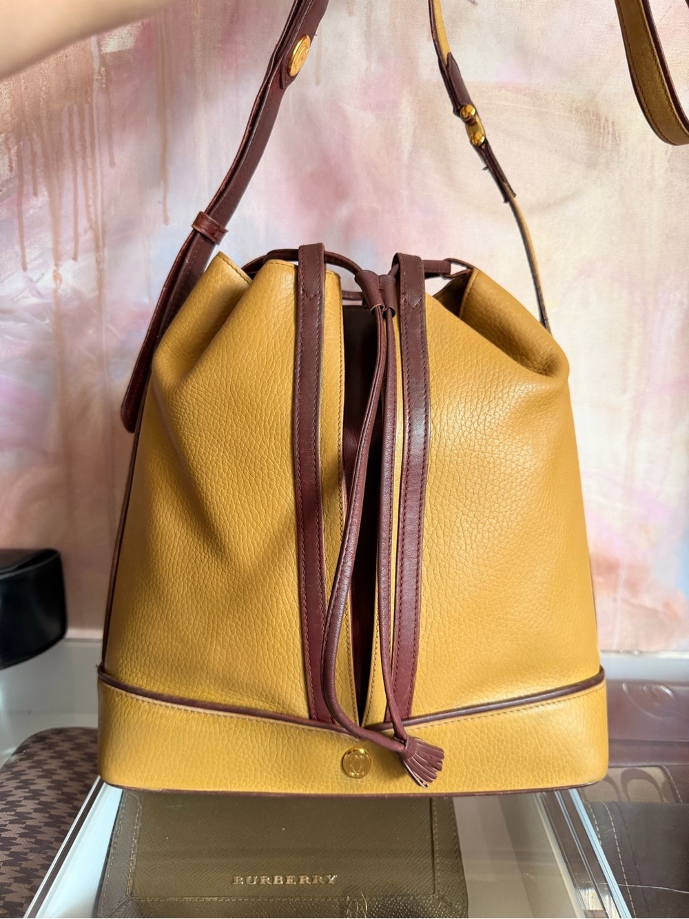 Cartier Leather Drawstring Bucket Bag in Mustard yellow/green and Brown